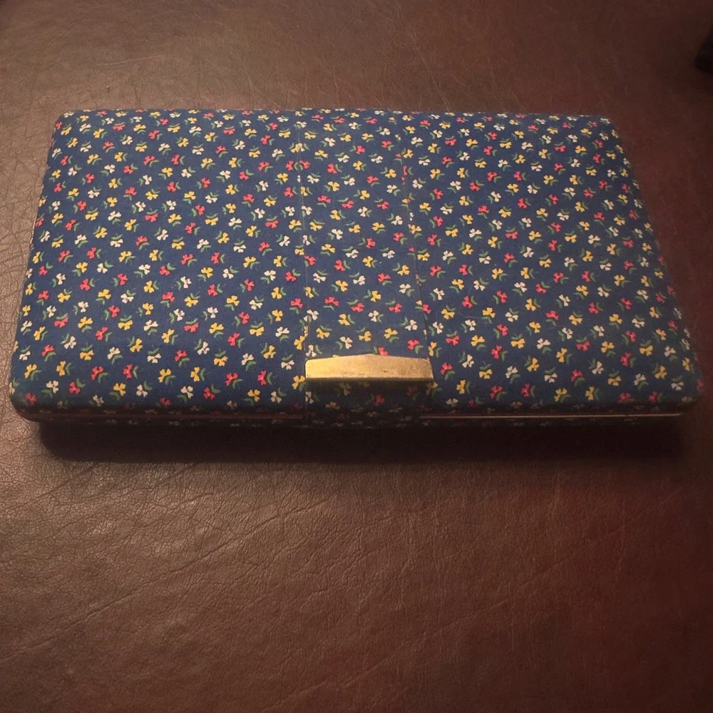 Vintage 1960s 70s Travel Jewelry Case Box Floral Fabric Mirror Organizer Vanity